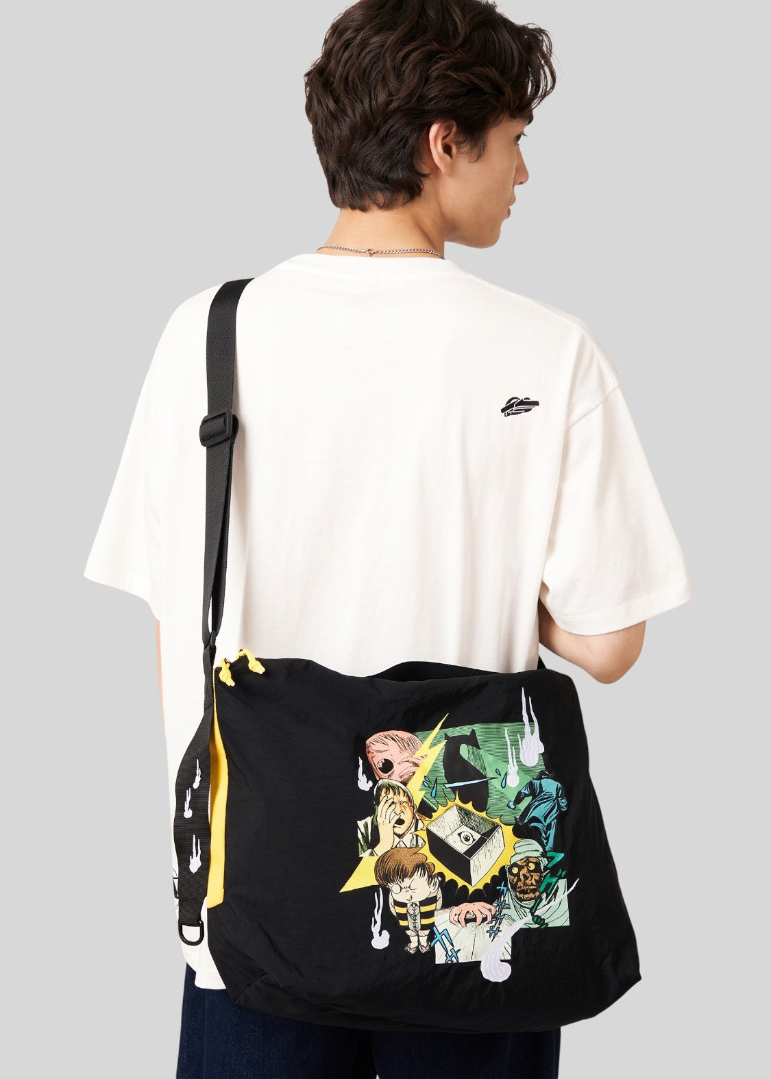 Via Artists Kitaro From The Graveyard black nylon shoulder bag with embroidered spooky character graphics