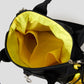 Via Artists Beautiful Shadow Lucha mini shoulder bag interior showing bright yellow lining and storage pockets