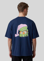 Via Artists Helcovell Sleepy oversized navy cotton t-shirt with a cute green character graphic on the back
