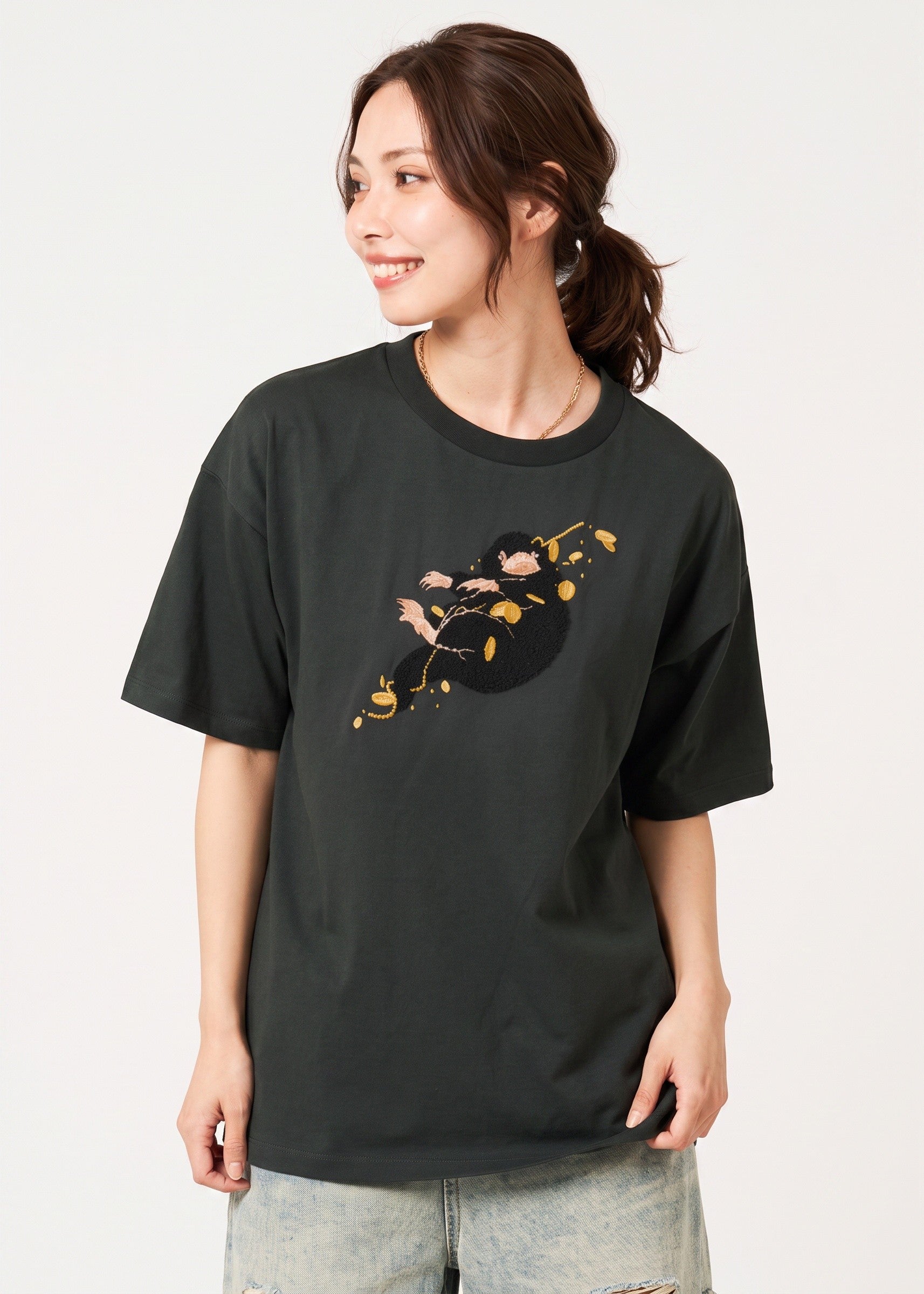 Via Artists Harry Potter Niffler unisex relaxed fit black cotton t-shirt with fluffy chenille embroidery of a Niffler