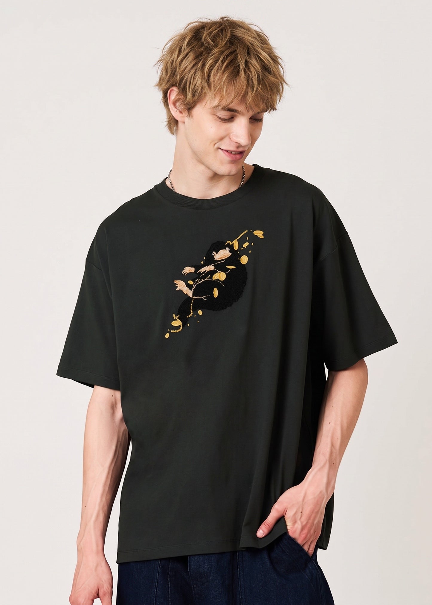 Via Artists Harry Potter Niffler relaxed fit black cotton t-shirt with fluffy chenille embroidery of a Niffler