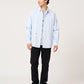 Via Artists Rolling Pandas detachable sleeve shirt in light blue stripe with panda embroidery on a male model.