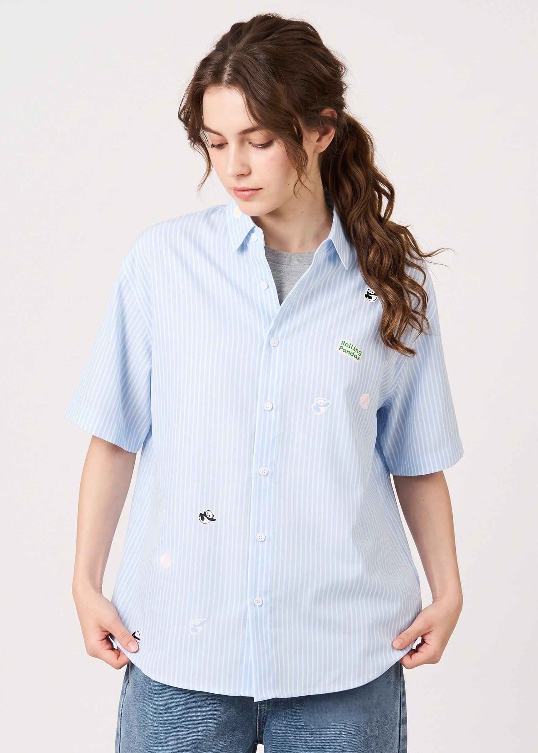 Via Artists Rolling Pandas detachable shirt in light blue stripes with panda embroidery and short sleeves