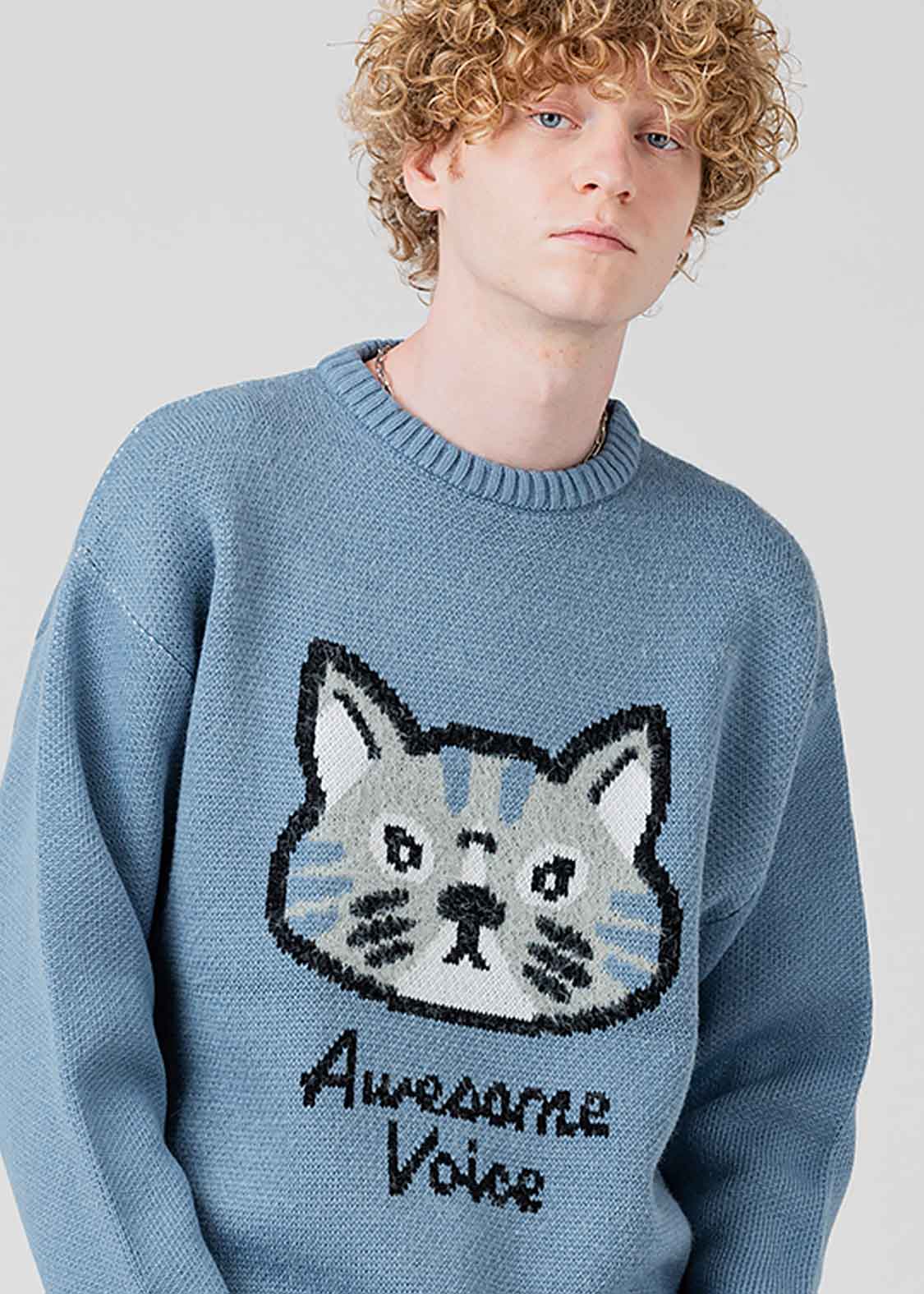 Graphic Jacquard Long Sleeve Knit (Awesome Cat)