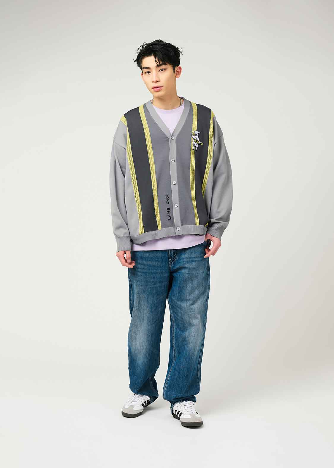 Mesh Stripe Long Sleeve Knit Cardigan (Lamb Chop Skate)