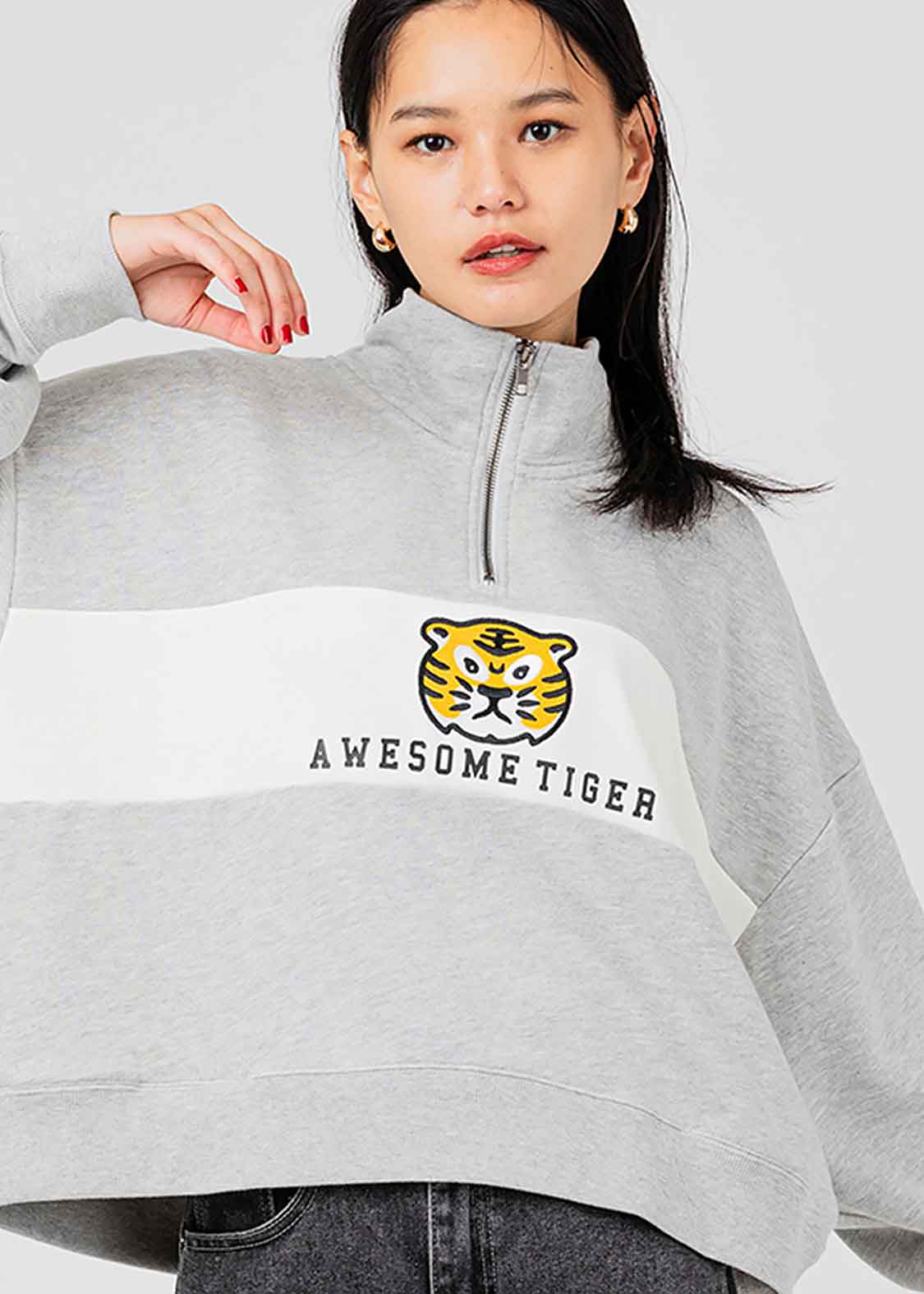 Stand Collar Half Zip Long Sleeve Sweat (Awesome Tiger 2)